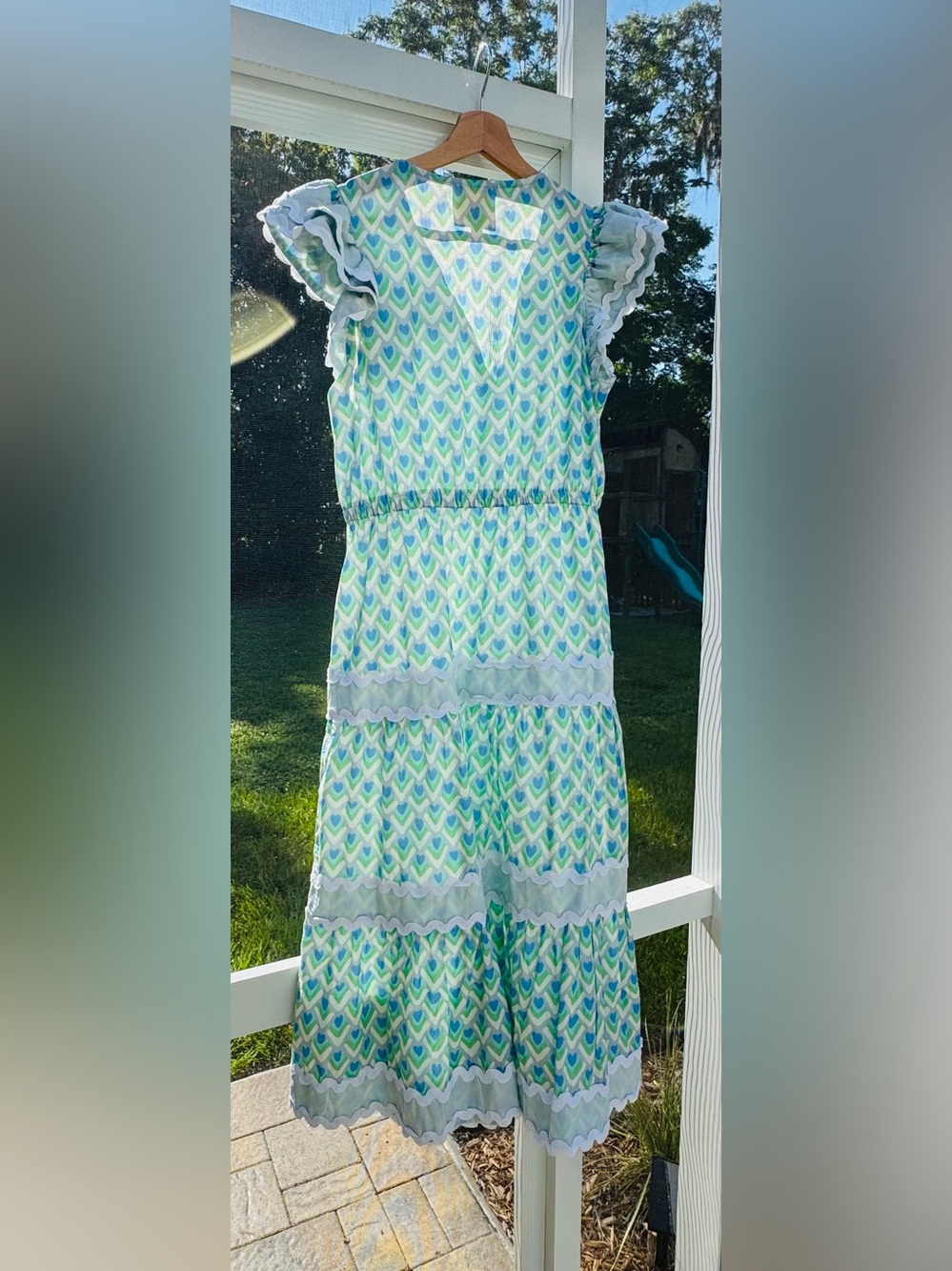 Sail to Sable Blue & Green Heart-Print Tiered Midi Dress